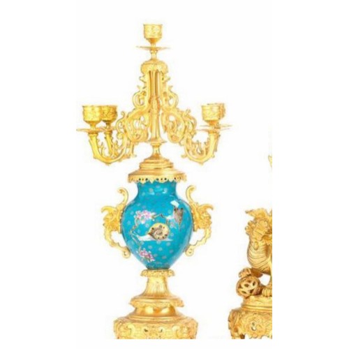 659 - A Magnificent French 19th Century gilt bronze and champleve enamel porcelain mantel garniture - In t... 