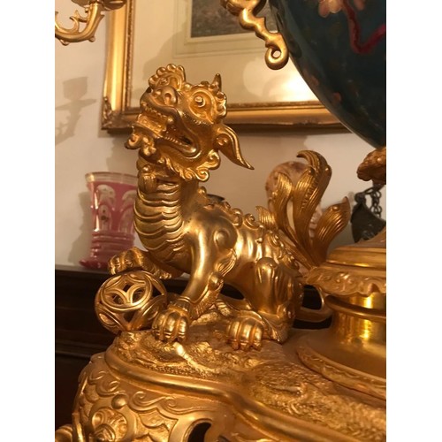 659 - A Magnificent French 19th Century gilt bronze and champleve enamel porcelain mantel garniture - In t... 