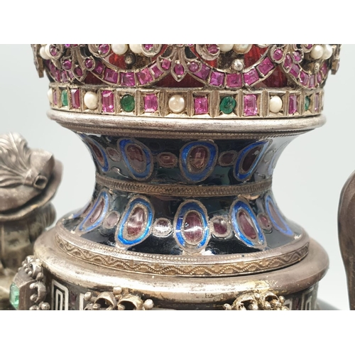 784 - Rare antique Austrian silver enamel and hard stone lidded vase. Decorated throughout with rubies, em... 