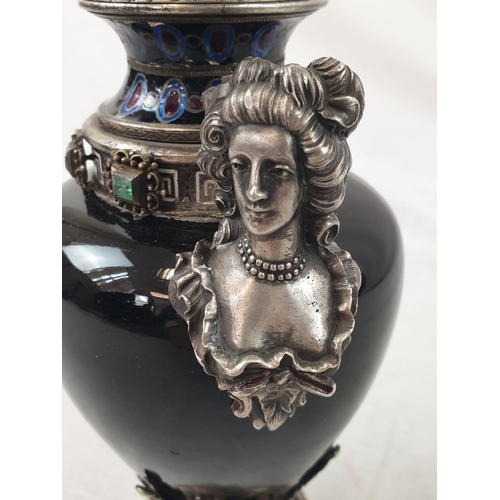 784 - Rare antique Austrian silver enamel and hard stone lidded vase. Decorated throughout with rubies, em... 