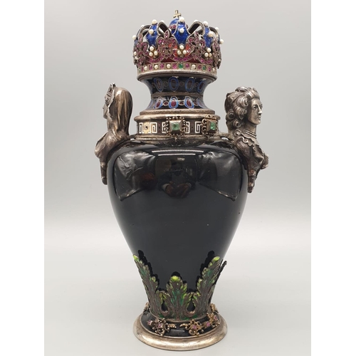 784 - Rare antique Austrian silver enamel and hard stone lidded vase. Decorated throughout with rubies, em... 