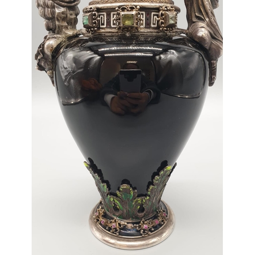 784 - Rare antique Austrian silver enamel and hard stone lidded vase. Decorated throughout with rubies, em... 