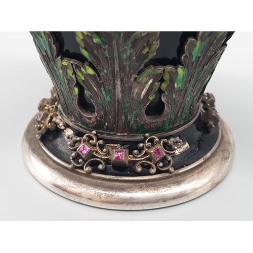 784 - Rare antique Austrian silver enamel and hard stone lidded vase. Decorated throughout with rubies, em... 