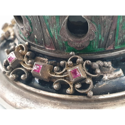 784 - Rare antique Austrian silver enamel and hard stone lidded vase. Decorated throughout with rubies, em... 