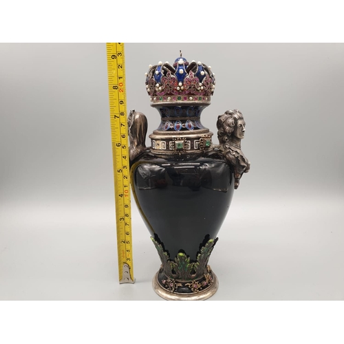 784 - Rare antique Austrian silver enamel and hard stone lidded vase. Decorated throughout with rubies, em... 