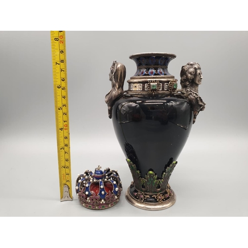 784 - Rare antique Austrian silver enamel and hard stone lidded vase. Decorated throughout with rubies, em... 