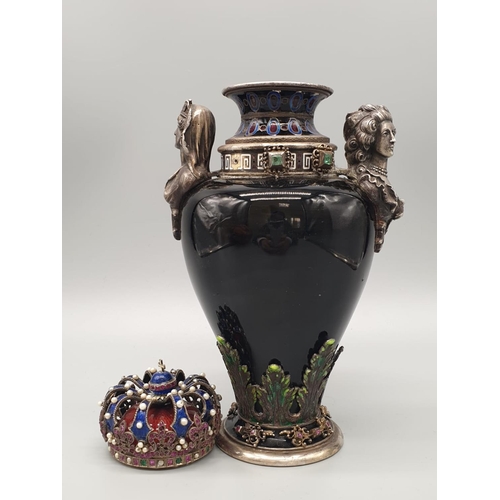 784 - Rare antique Austrian silver enamel and hard stone lidded vase. Decorated throughout with rubies, em... 