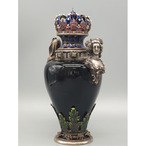 784 - Rare antique Austrian silver enamel and hard stone lidded vase. Decorated throughout with rubies, em... 