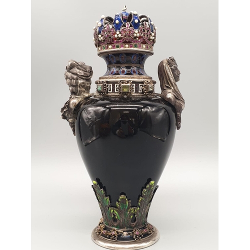 784 - Rare antique Austrian silver enamel and hard stone lidded vase. Decorated throughout with rubies, em... 