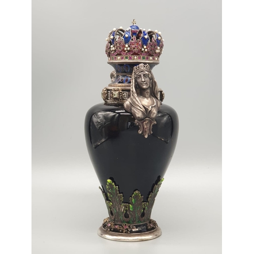 784 - Rare antique Austrian silver enamel and hard stone lidded vase. Decorated throughout with rubies, em... 