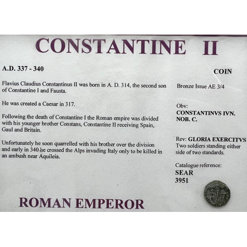 499 - A Framed Roman Emperor Constantine II Ancient Bronze Coin - 337-340AD, with Description.            ... 