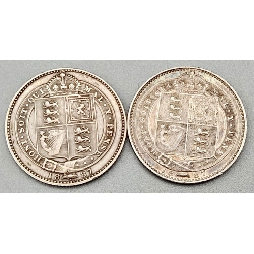 519 - Two 1887 Queen Victoria Silver Shillings. Please see photos for conditions.