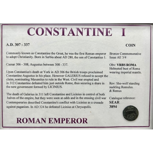 590 - A Framed Roman Emperor Constantine I Ancient Bronze Coin. 307-337AD, with Description.              ... 