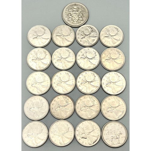 657 - A Parcel of 20 Canadian Silver 25 cents coins and 1 Canadian Silver Dollar dates from 1960/70/80/90’... 