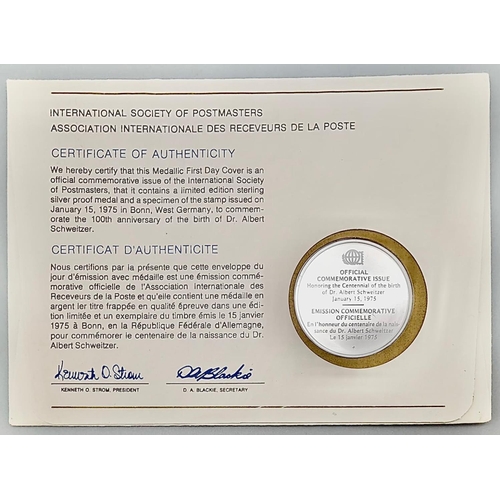 967 - An Albert Schweitzer Limited Proof Sterling Silver Commemorative Coin. Comes with a COA.