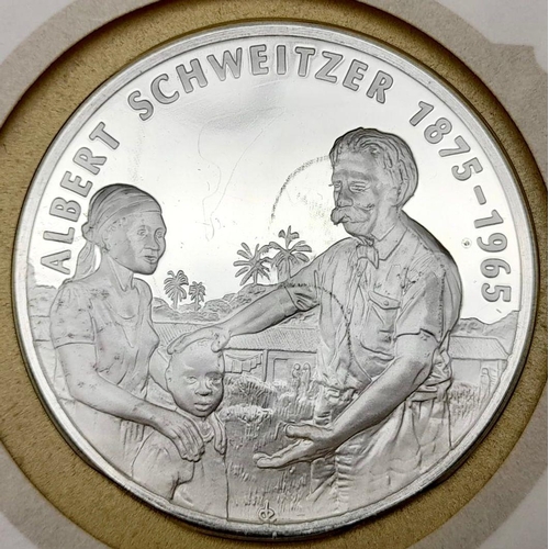 967 - An Albert Schweitzer Limited Proof Sterling Silver Commemorative Coin. Comes with a COA.