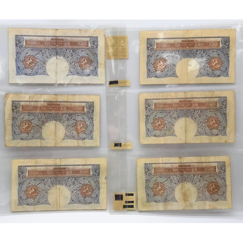 402 - Six Peppiatt Blue One Pound Notes - 1940-48. Please see photos for conditions. In plastic wallets.