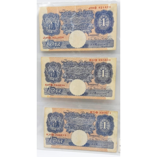 402 - Six Peppiatt Blue One Pound Notes - 1940-48. Please see photos for conditions. In plastic wallets.