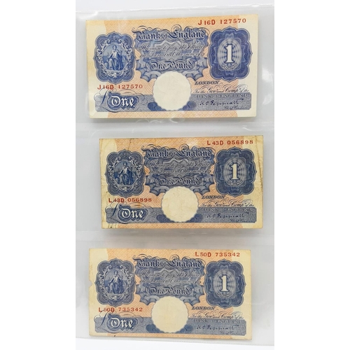 402 - Six Peppiatt Blue One Pound Notes - 1940-48. Please see photos for conditions. In plastic wallets.