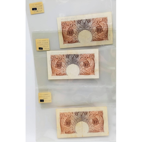 447 - Three O'Brien Series A Ten Shilling Notes in Plastic Wallets. Uncirculated but please see photos for... 