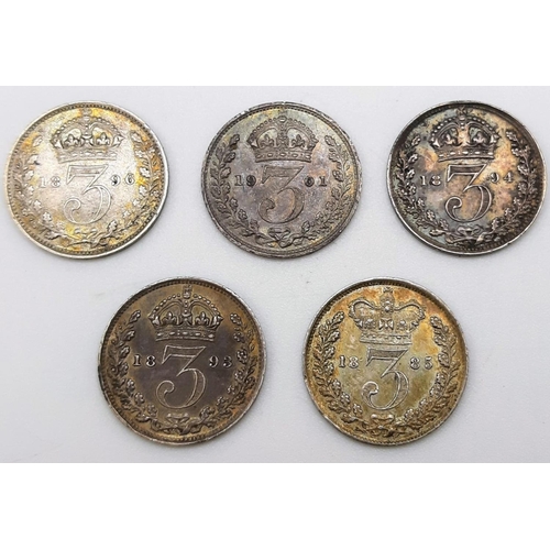 526 - Five Silver Queen Victoria Three Pence Coins. 1885-1901. Please see photos for conditions.