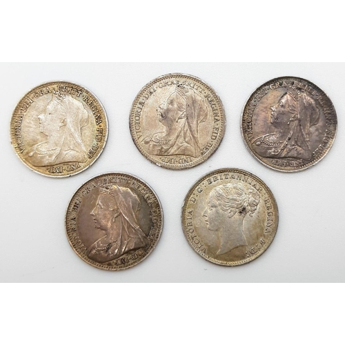 526 - Five Silver Queen Victoria Three Pence Coins. 1885-1901. Please see photos for conditions.