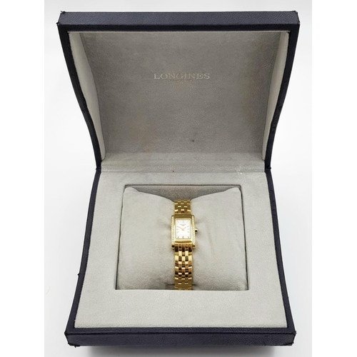 242 - LADIES 18K GOLD LONGINE WATCH WITH 18K GOLD STRAP AND DIAMOND BEZEL.  WITH BOX AND PAPERS  16 X 24mm... 