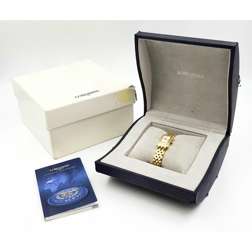 242 - LADIES 18K GOLD LONGINE WATCH WITH 18K GOLD STRAP AND DIAMOND BEZEL.  WITH BOX AND PAPERS  16 X 24mm... 