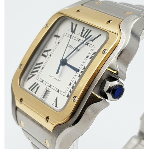 25 - A CARTIER LARGE GENTS STAINLESS STEEL AND GOLD TANK STYLE AUTOMATIC WATCH IN ORIGINAL BOX AND WITH R... 