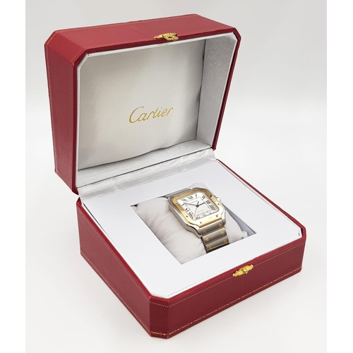 25 - A CARTIER LARGE GENTS STAINLESS STEEL AND GOLD TANK STYLE AUTOMATIC WATCH IN ORIGINAL BOX AND WITH R... 