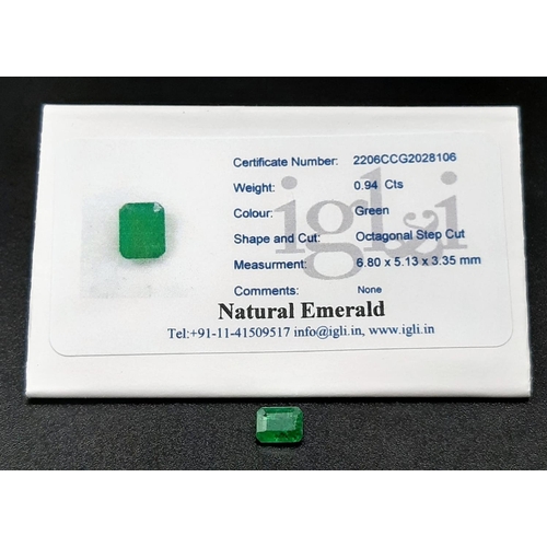 468 - 0.94 Ct Zambian Emerald, Octagonal Shape, IGL&I Certified.