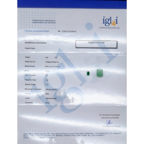 468 - 0.94 Ct Zambian Emerald, Octagonal Shape, IGL&I Certified.