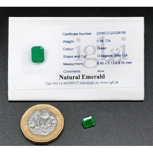 468 - 0.94 Ct Zambian Emerald, Octagonal Shape, IGL&I Certified.