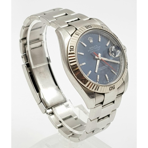 67 - A WITH PAPERS ROLEX OYSTER PERPETUAL DATEJUST WITH BLUE DIAL IN ORIGINAL BOX .  38mm  (9063)