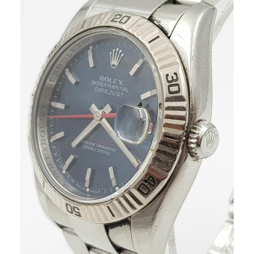 67 - A WITH PAPERS ROLEX OYSTER PERPETUAL DATEJUST WITH BLUE DIAL IN ORIGINAL BOX .  38mm  (9063)