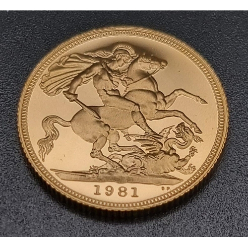 24 - A 1981 22K Gold Full Proof Sovereign Coin. 8g. In a presentation case.