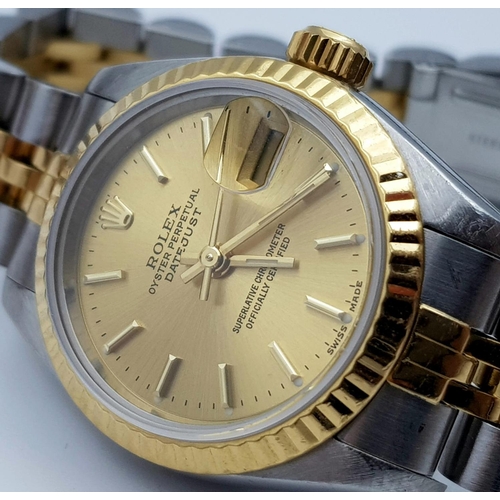 256 - A LADIES BI-METAL ROLEX OYSTER PERPETUAL DATEJUST WITH GOLDTONE DIAL IN ORIGINAL BOX WITH PAPERS.  2... 