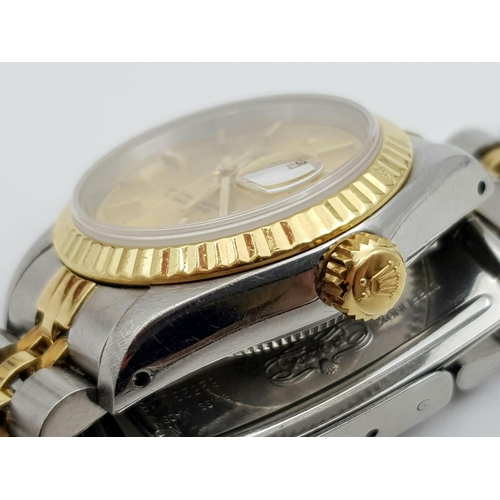 256 - A LADIES BI-METAL ROLEX OYSTER PERPETUAL DATEJUST WITH GOLDTONE DIAL IN ORIGINAL BOX WITH PAPERS.  2... 