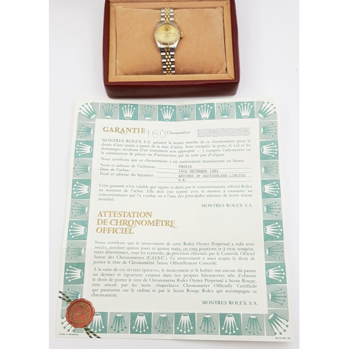 256 - A LADIES BI-METAL ROLEX OYSTER PERPETUAL DATEJUST WITH GOLDTONE DIAL IN ORIGINAL BOX WITH PAPERS.  2... 