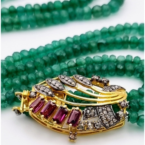 368 - Vintage Double Strand Green Beryl Necklace. The Clasp is Gold Plated With Rhodolites & Rose Cut Diam... 