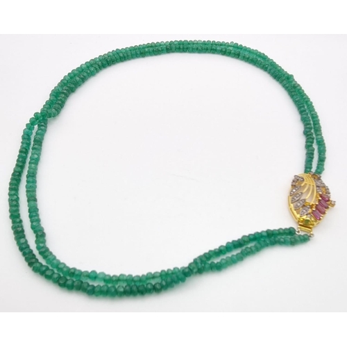 368 - Vintage Double Strand Green Beryl Necklace. The Clasp is Gold Plated With Rhodolites & Rose Cut Diam... 