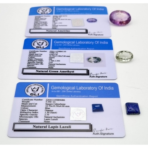 838 - Lot of 3 Gemstones - 20.10 Ct Mixed Cut Ametrine, 7 Ct Mixed Cut Green Amethyst, 5.50 Ct Cabochon La... 