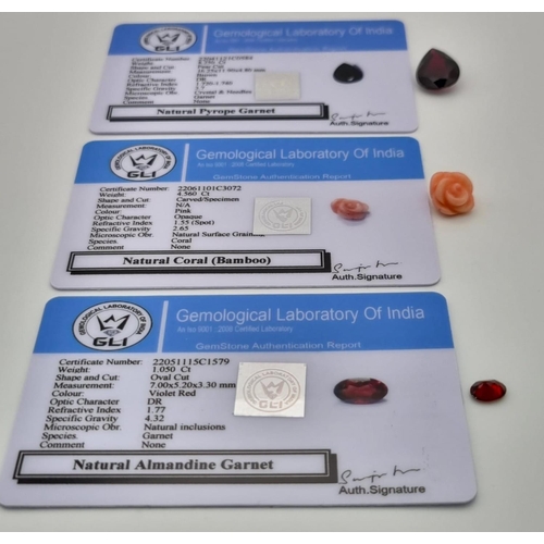 395 - Lot of 3 Gemstones - 1.05 Ct  Mixed Cut Almandine Garnet, 8.25 Ct Pyrope Garnet, 4.56 Ct Carved Pink... 