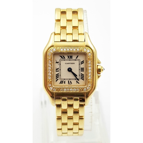 81 - A CARTIER  PANTHERE LADIES WATCH IN 18K GOLD WITH DIAMOND BEZEL AND SOLID GOLD STRAP COMES WITH PAPE... 