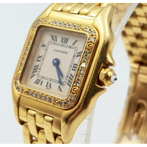 81 - A CARTIER  PANTHERE LADIES WATCH IN 18K GOLD WITH DIAMOND BEZEL AND SOLID GOLD STRAP COMES WITH PAPE... 