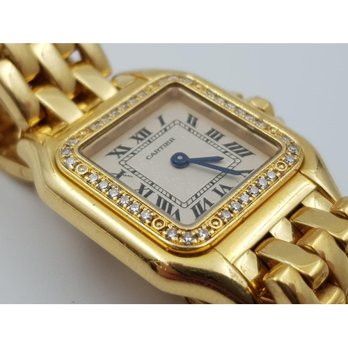 81 - A CARTIER  PANTHERE LADIES WATCH IN 18K GOLD WITH DIAMOND BEZEL AND SOLID GOLD STRAP COMES WITH PAPE... 