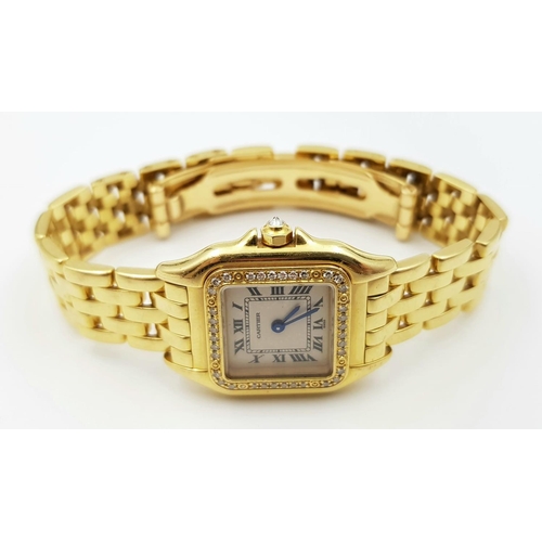 81 - A CARTIER  PANTHERE LADIES WATCH IN 18K GOLD WITH DIAMOND BEZEL AND SOLID GOLD STRAP COMES WITH PAPE... 