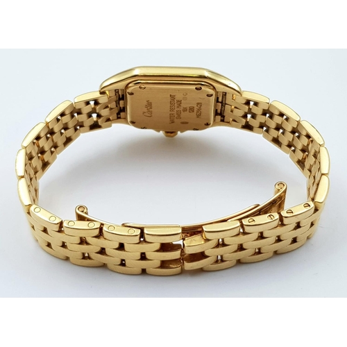 81 - A CARTIER  PANTHERE LADIES WATCH IN 18K GOLD WITH DIAMOND BEZEL AND SOLID GOLD STRAP COMES WITH PAPE... 