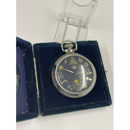 565 - Vintage Masonic pocket watch automaton ( rotating skull ) in silver travel case ( working but no gua... 