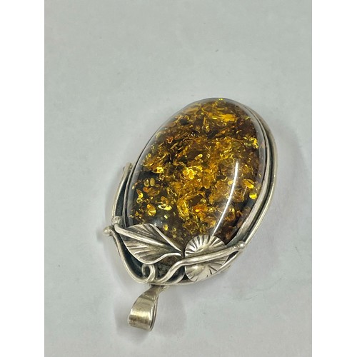 858 - Vintage silver & amber pendant brooch